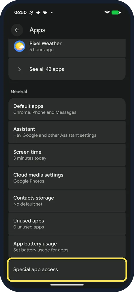 Android screenshot: Open Special app access