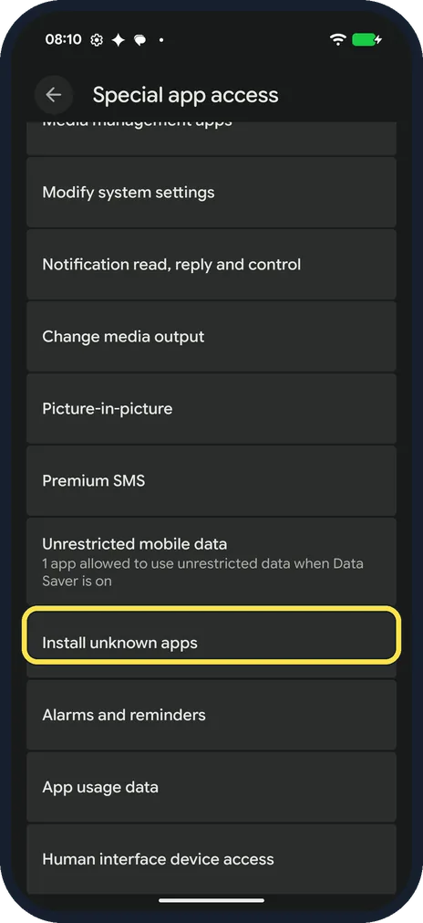 Android screenshot: Tap Install unknown apps