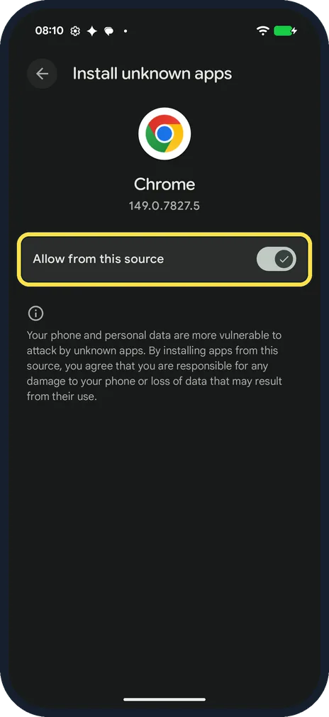 Android screenshot: Turn on Allow from this source
