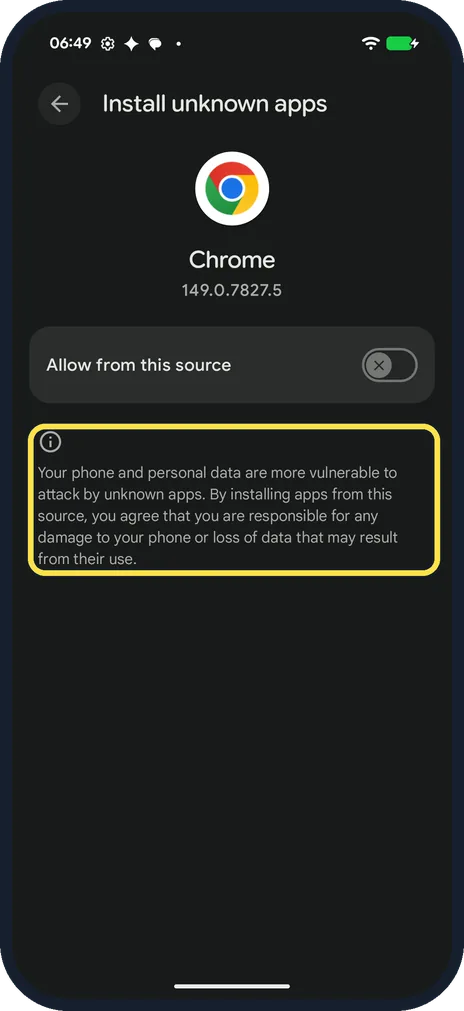 Android screenshot: Read the warning
