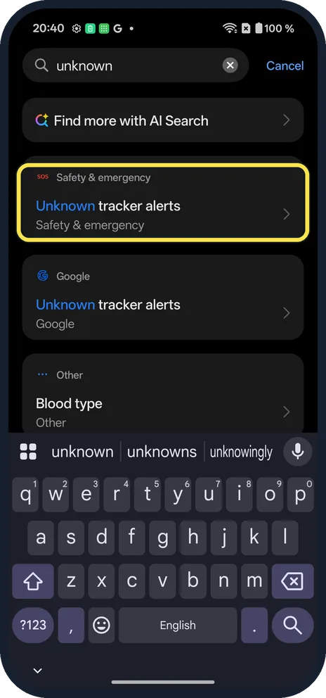Android screenshot: Searching unknown won't find it