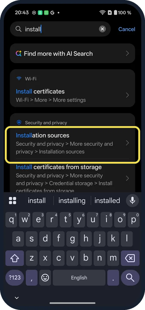 Android screenshot: Search install instead