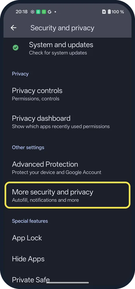 Android screenshot: Or open More security and privacy