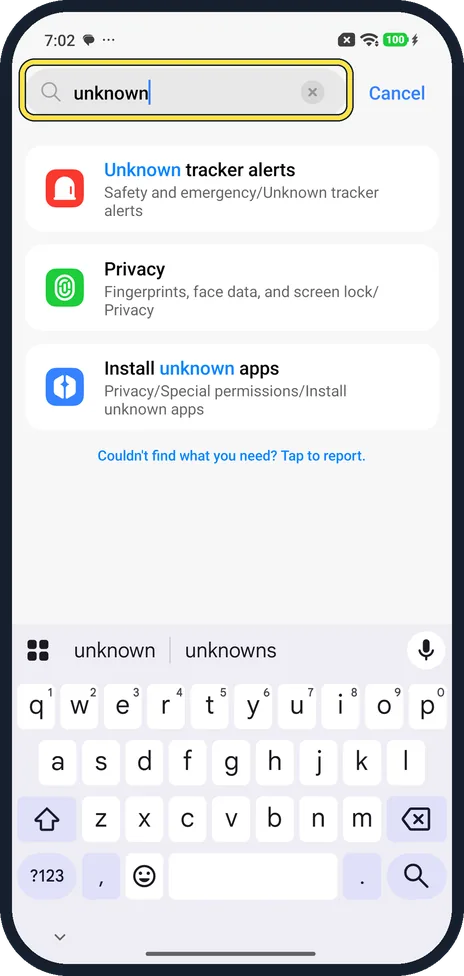 Android screenshot: Search Settings for unknown