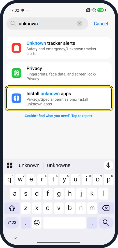 Android screenshot: Tap Install unknown apps