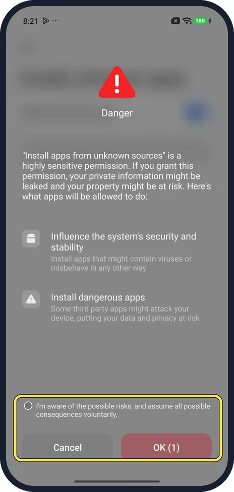 Android screenshot: Confirm the Danger box