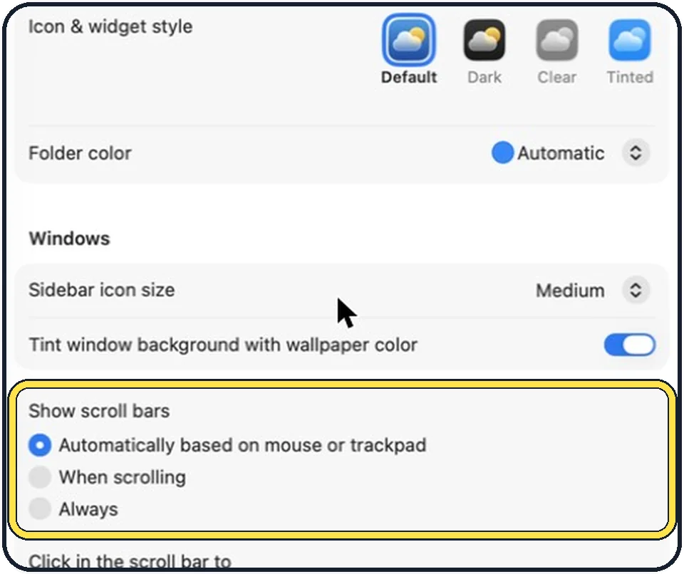 Mac screenshot: Select Always under Show scroll bars