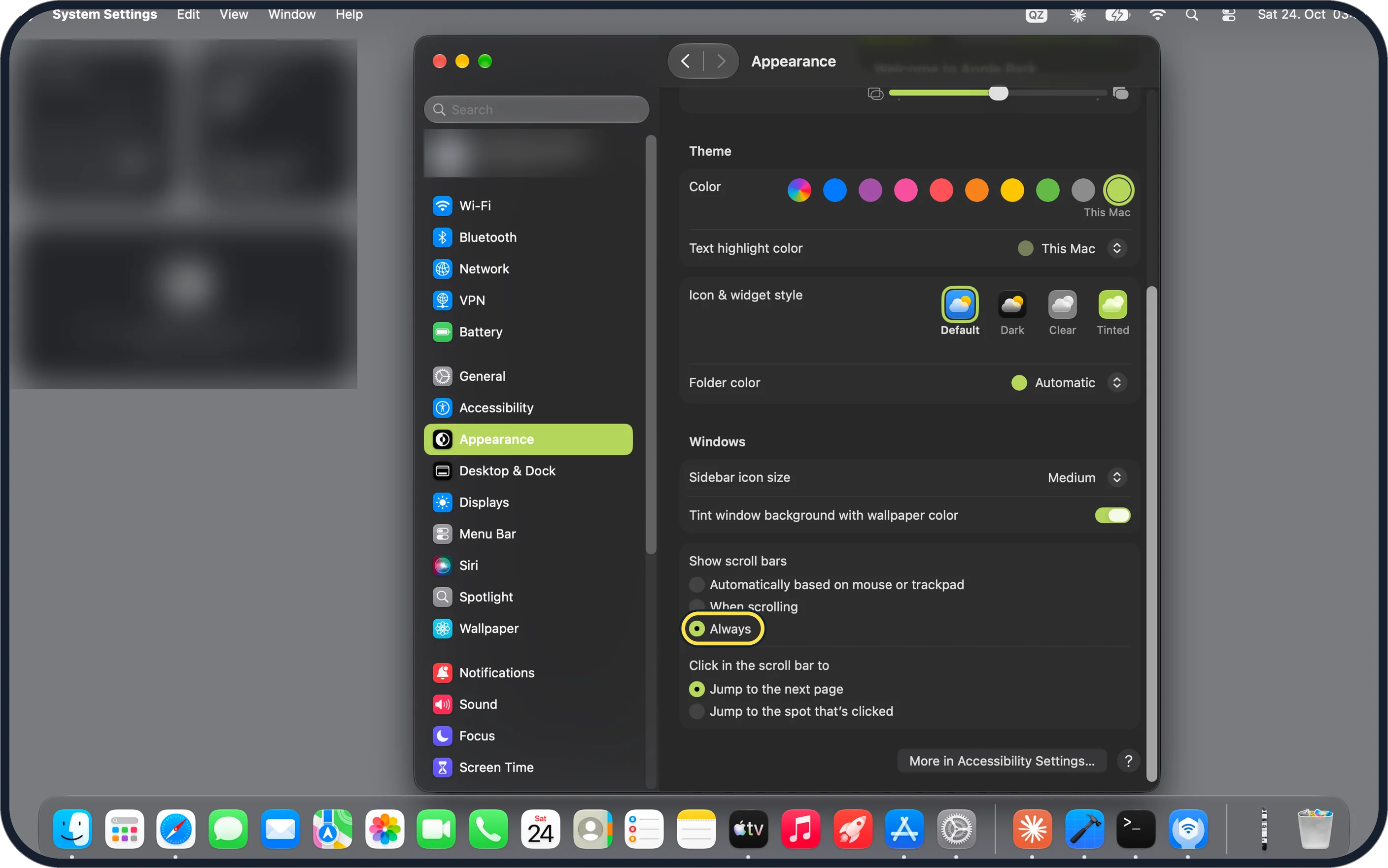 Mac screenshot: Select Always under Show scroll bars