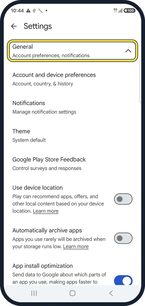 Android screenshot: Open General