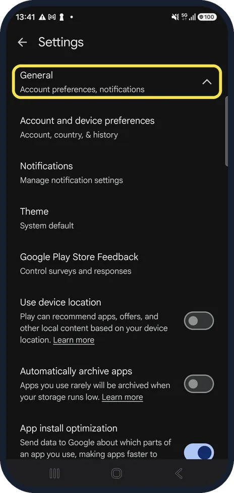 Android screenshot: Open General