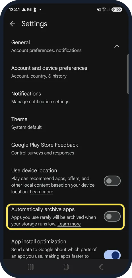 Android screenshot: Switch on Automatically archive apps