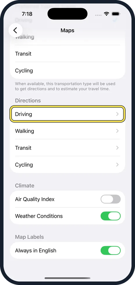 iPhone screen: Scroll down to Directions and tap Driving