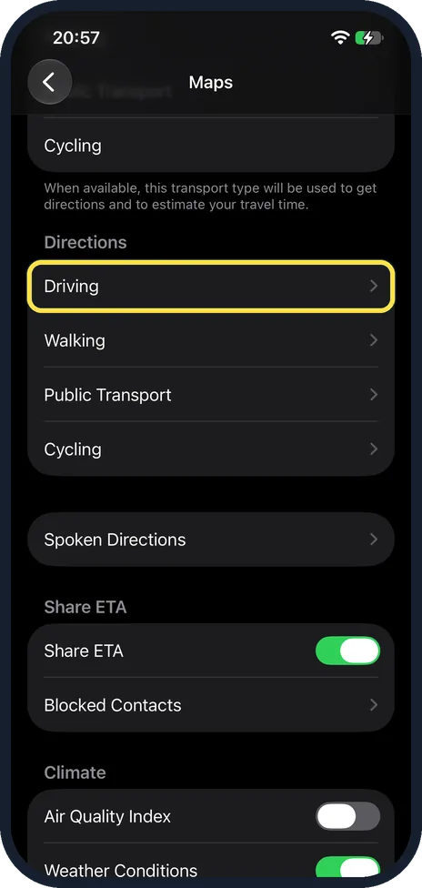 iPhone screen: Scroll down to Directions and tap Driving