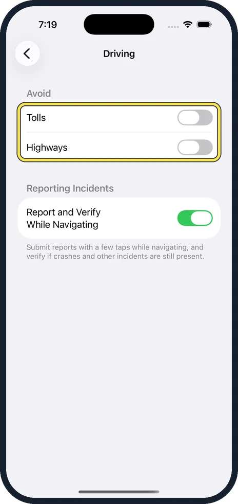 iPhone screen: Switch on Tolls, Highways or both