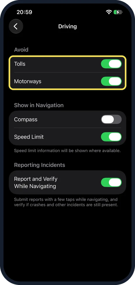 iPhone screen: Switch on Tolls, Motorways or both