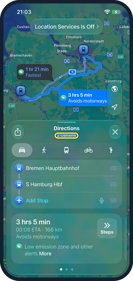 iPhone screen: Check a route in Maps