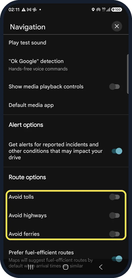 Android screenshot: Switch on the Route options you want