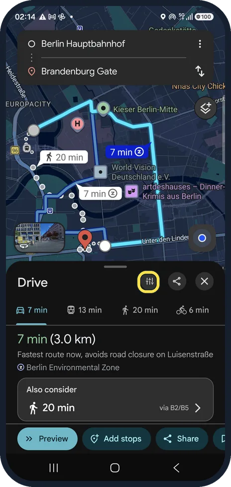 Android screenshot: Or change them from the route