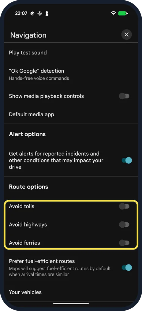 Android screenshot: Switch on the Route options you want