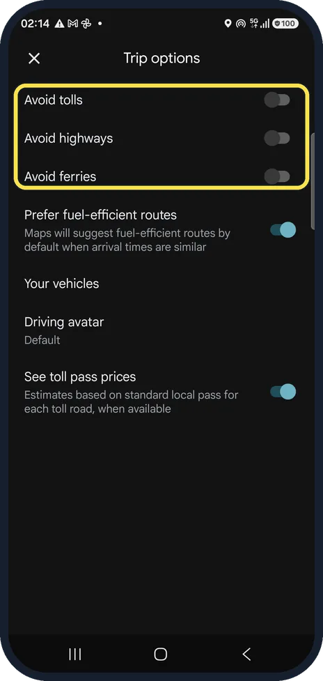 Android screenshot: Use Trip options