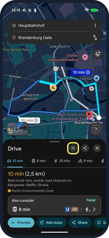 Android screenshot: Or change them for one route