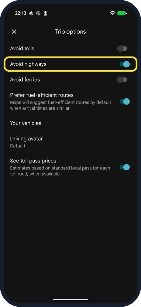 Android screenshot: Use Trip options