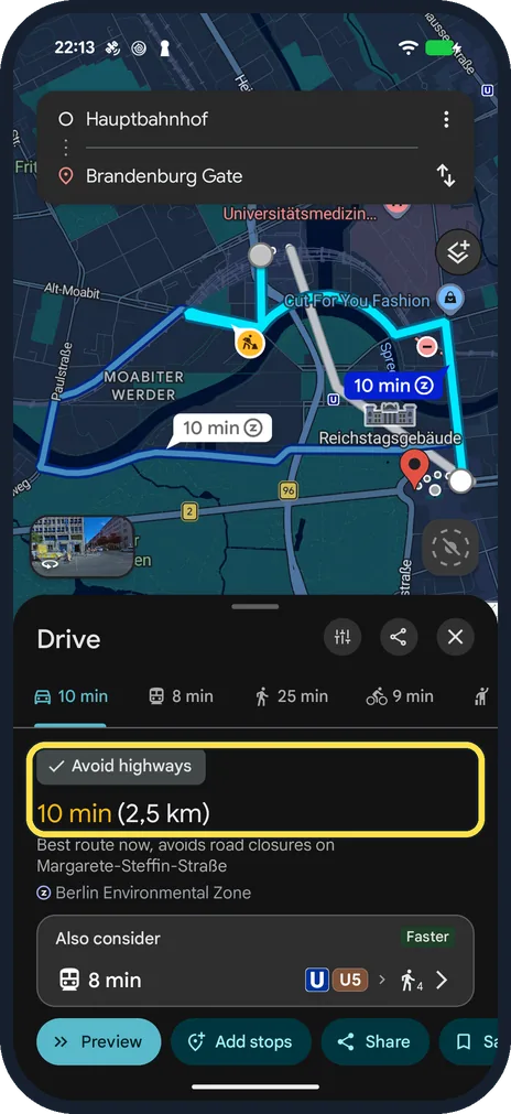 Android screenshot: Check the route