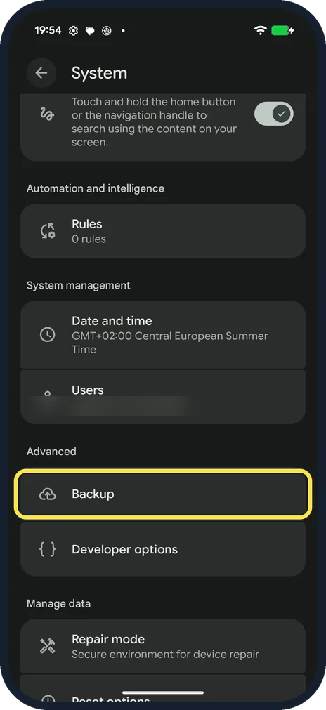 Android screenshot: Find Backup