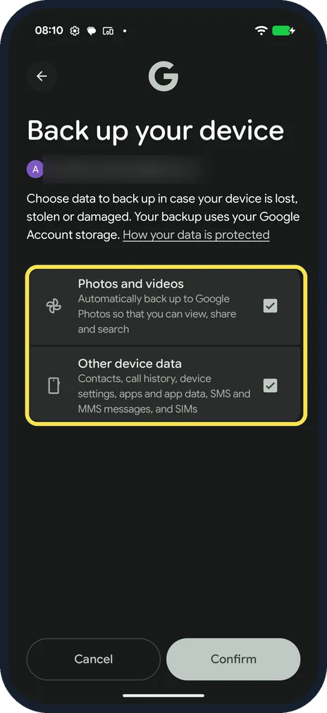 Android screenshot: Choose what to back up