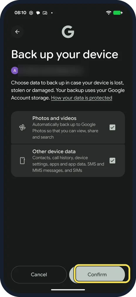 Android screenshot: Tap Confirm