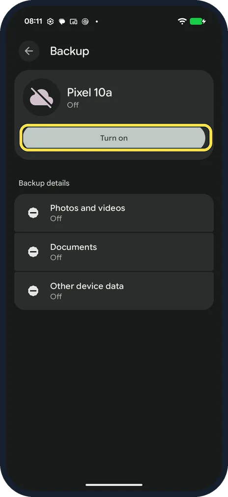 Android screenshot: Check the Backup page