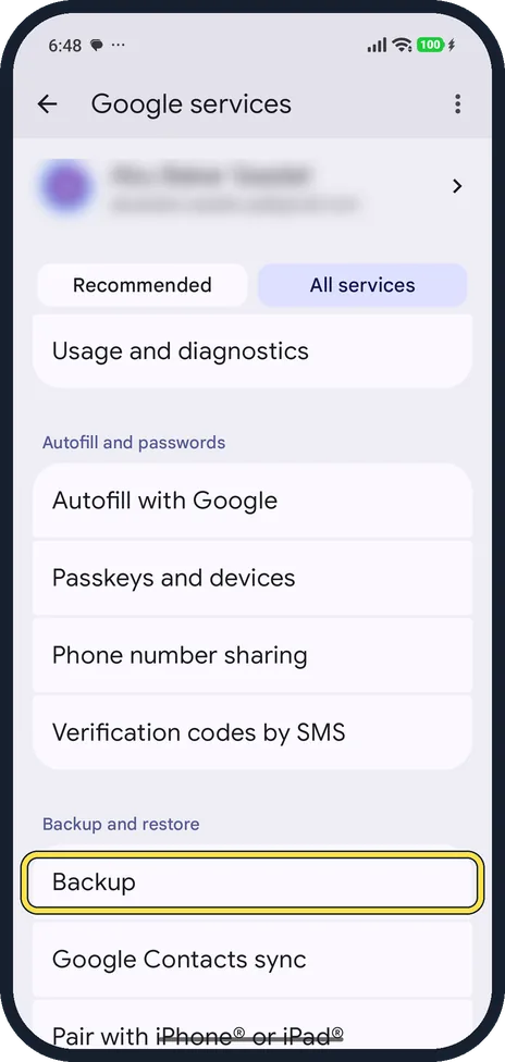 Android screenshot: Tap All services, then Backup