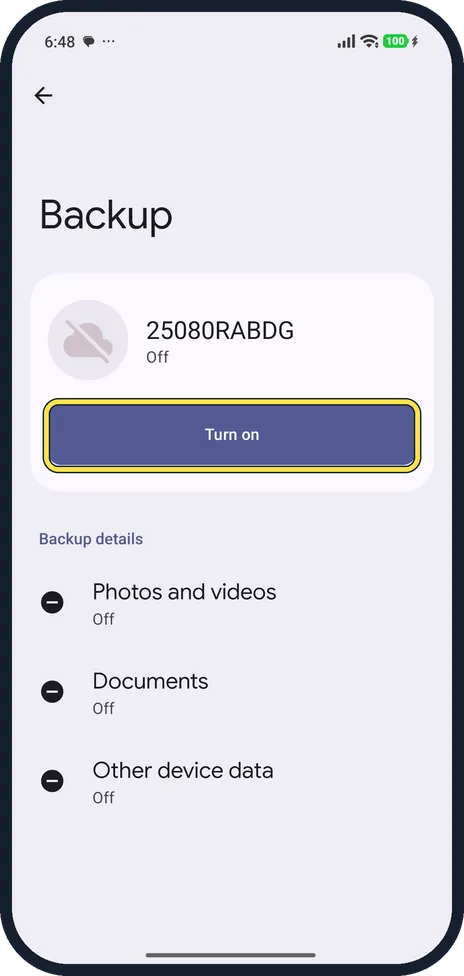 Android screenshot: Tap Turn on