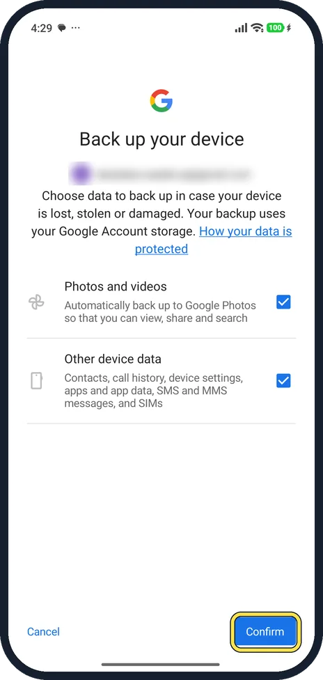 Android screenshot: Choose what Google backs up