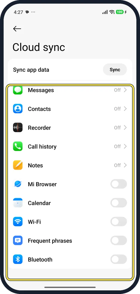 Android screenshot: Choose what syncs