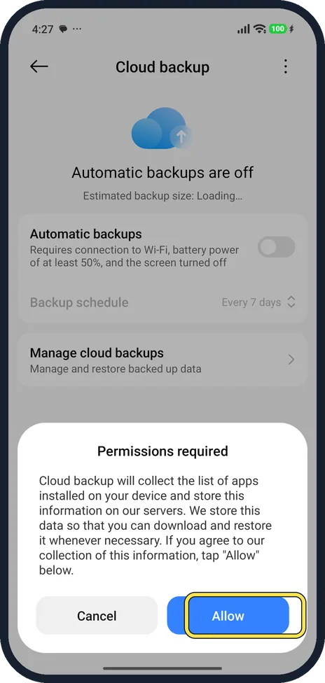 Android screenshot: Turn on Xiaomi Cloud backups