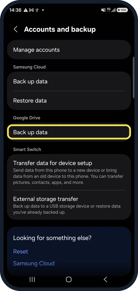 Android screenshot: Under Google Drive, tap Back up data