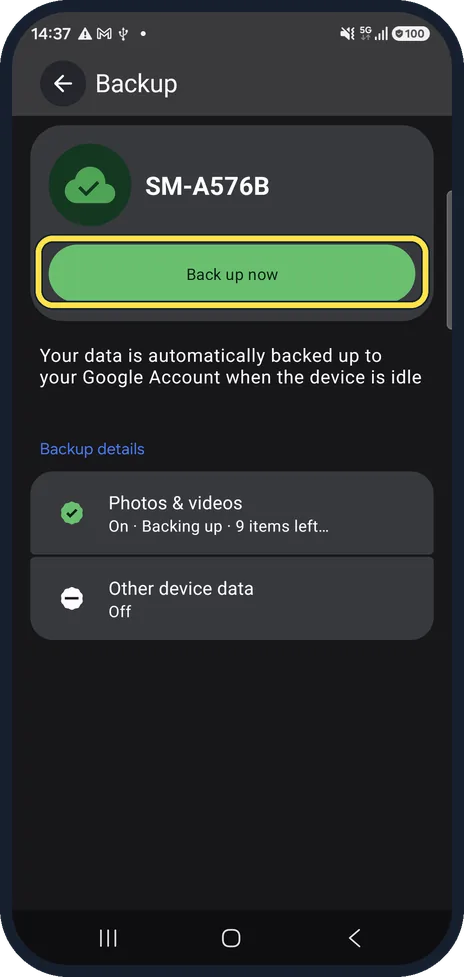Android screenshot: Tap Back up now