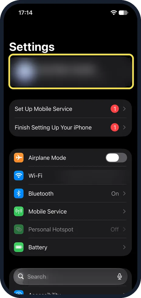iPhone screen: Open Settings and tap your name