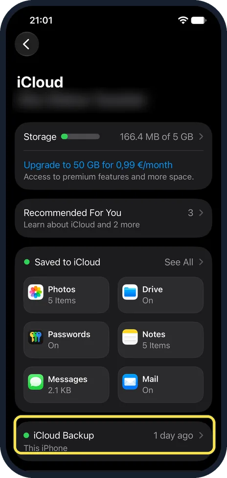iPhone screen: Tap iCloud, then iCloud Backup