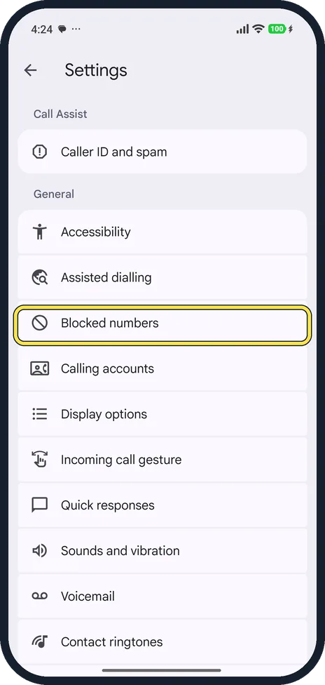 Android screenshot: Open the Phone app's settings