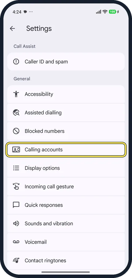 Android screenshot: Tap Calling accounts