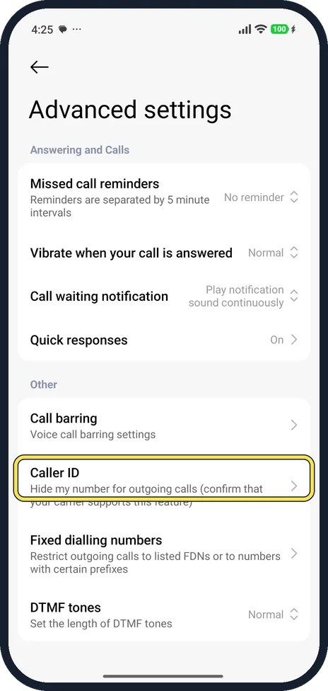 Android screenshot: Tap Caller ID