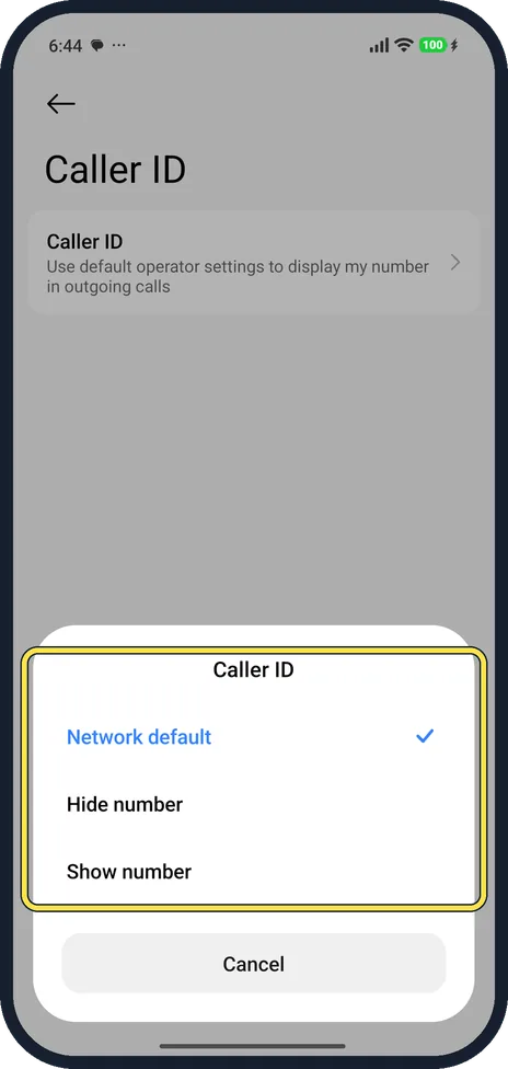 Android screenshot: Choose Hide number