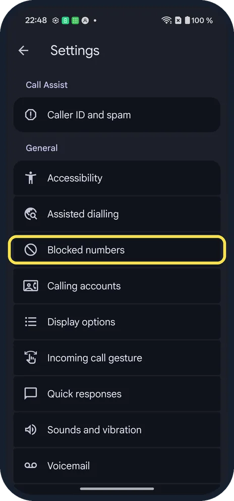 Android screenshot: Tap Blocked numbers
