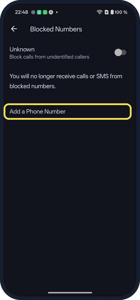 Android screenshot: Tap Add a Phone Number