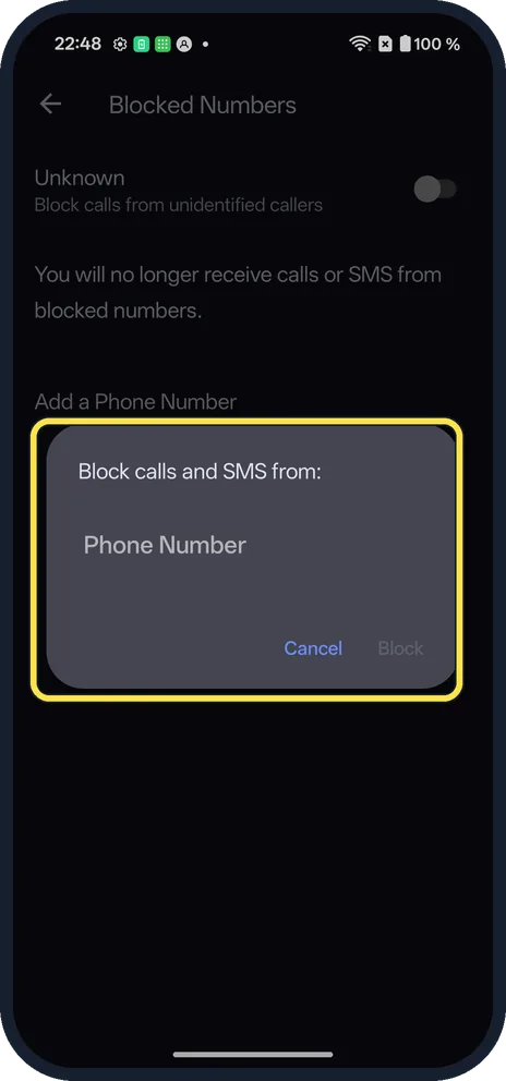 Android screenshot: Type the number and tap Block