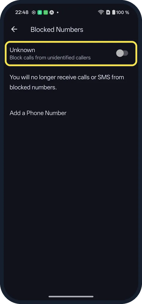 Android screenshot: Block unknown callers too