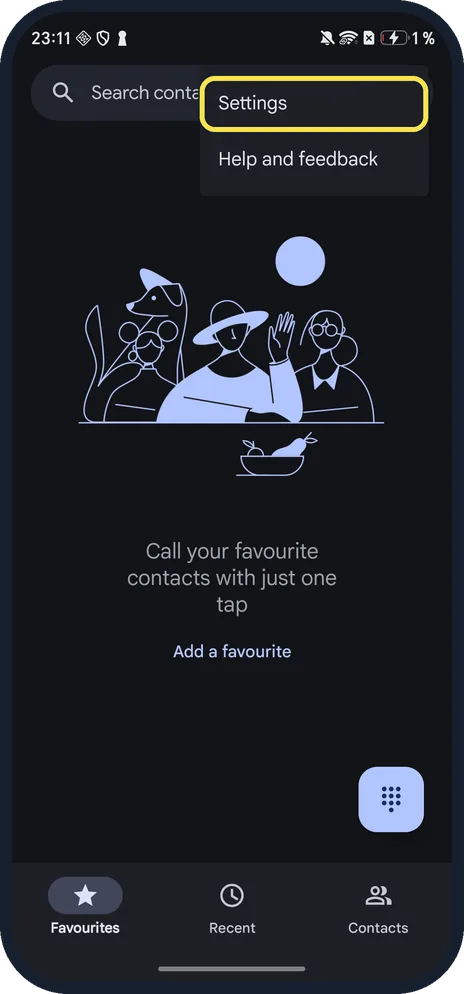Android screenshot: Tap Settings