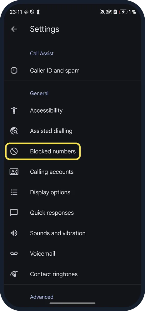 Android screenshot: Tap Blocked numbers